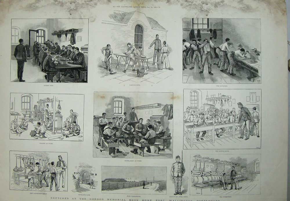 Old Antique Print 1888 Gordon Memorial Boys Fort Wallington Portsmouth 19th