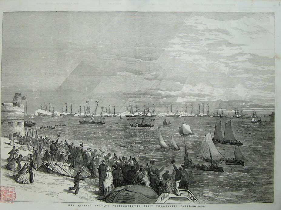 Old Antique Print 1854 Queen Portrsmouth Baltic Fleet Ships Boats People 19th