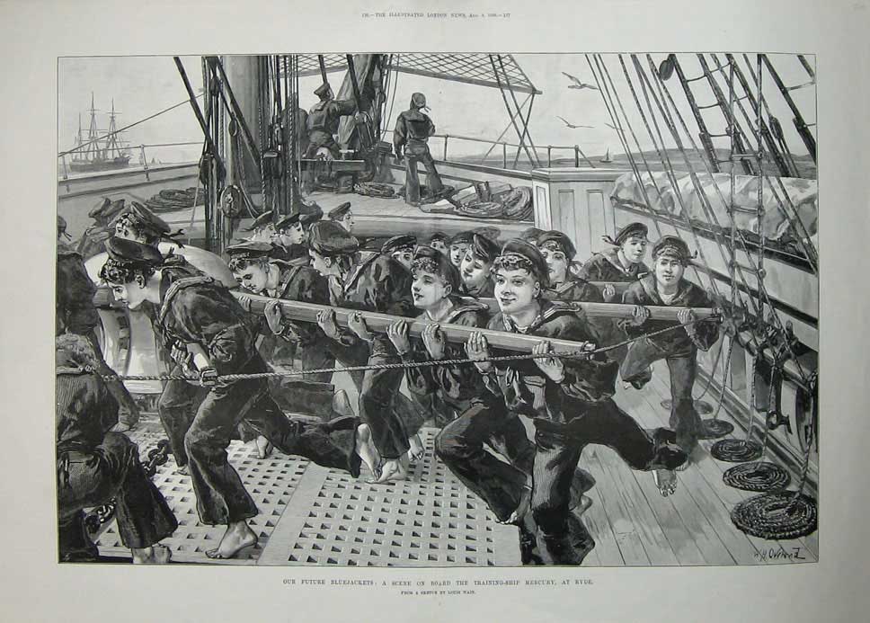 Antique Old Print 1888 Training Ship Mercury Ryde Bluejackets Sailors Art 19th