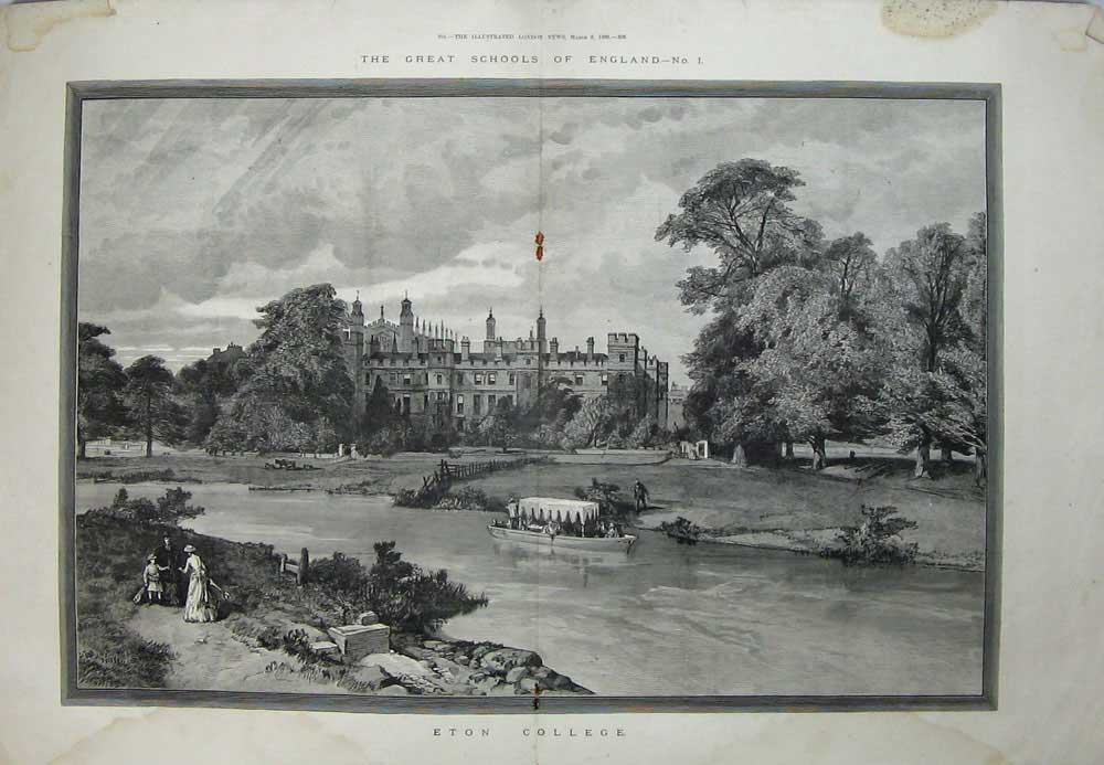 Old Antique Print 1890 School England Eton College Garden Lake Trees Art 19th