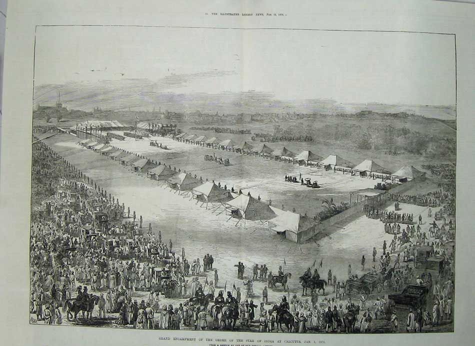 Original Old Antique Print Encampment Star India Calcutta 1876 Siers Tents
