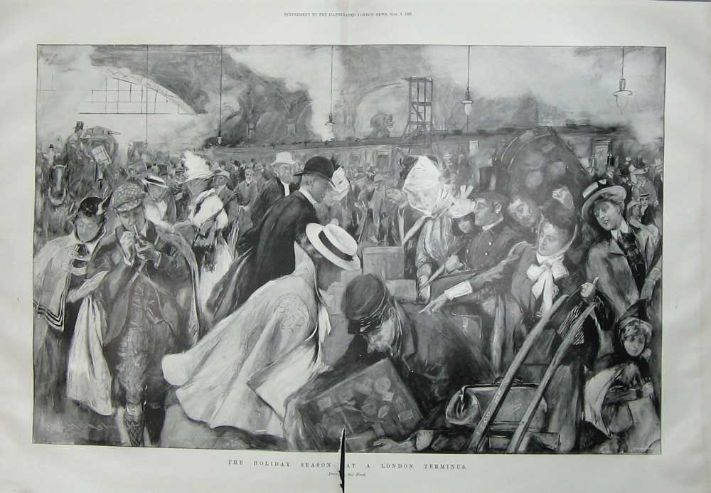 Old Antique Print Holiday Season 1900 London Railway Terminus Train Art 20th