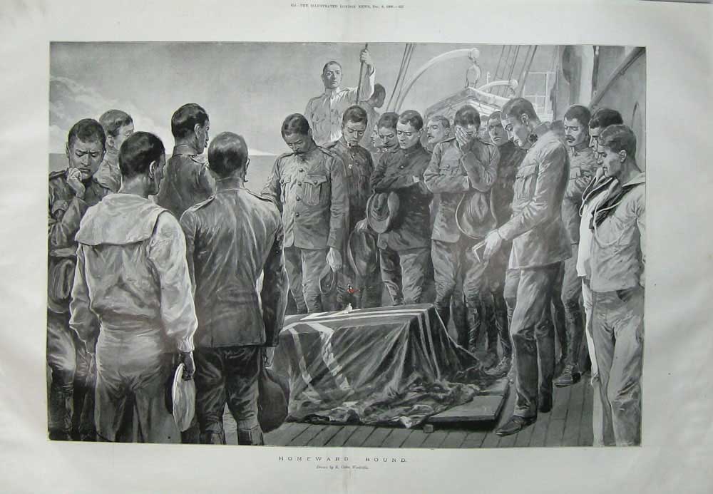Original Old Antique Print Woodville Fine Art 1900 War Siers Coffin Ship Army