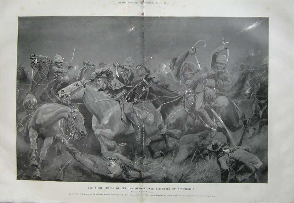 Original Old Antique Print 1900 Battle Hussars Lydenburg Siers War Weapons Art