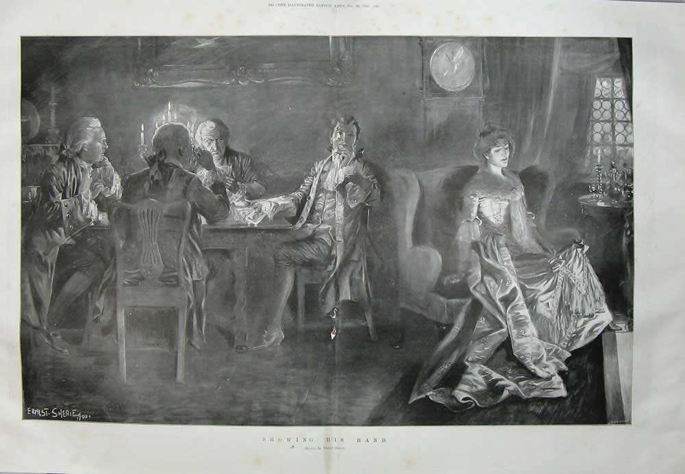 Original Old Antique Print 1900 Sherie Fine Art Men Card Table Game Lady Woman