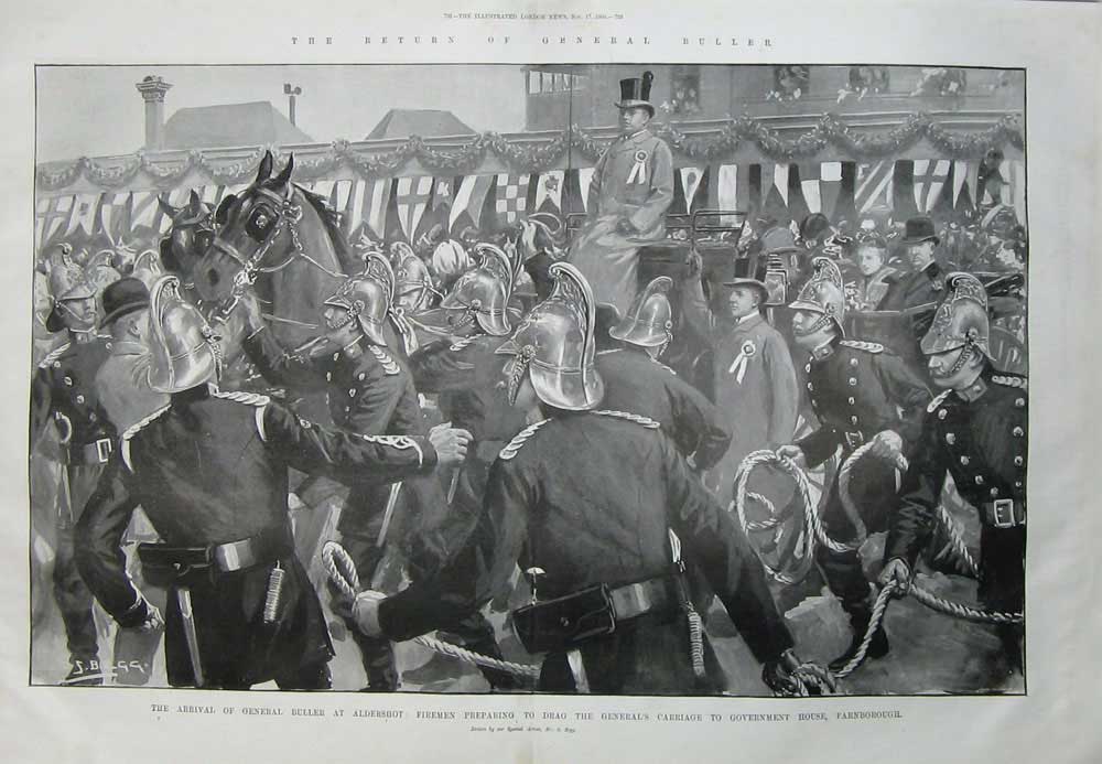 Old Antique Print 1900 General Buller Aldershot Firemen Horses Carriage 20th