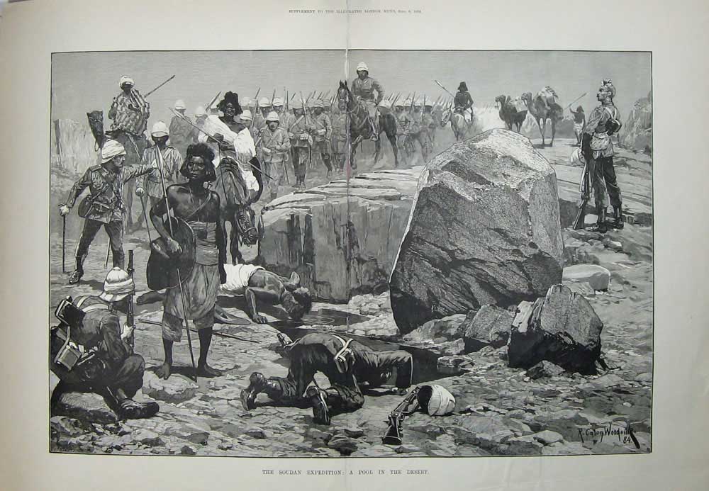 Original Old Antique Print 1884 Soudan Expedition Pool Desert Siers Art Camel