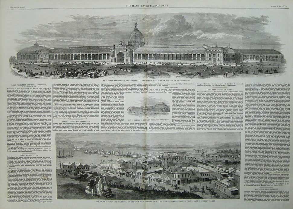 Old Antique Print 1862 Paris Exhibition Building France Harbour Dunedin 19th