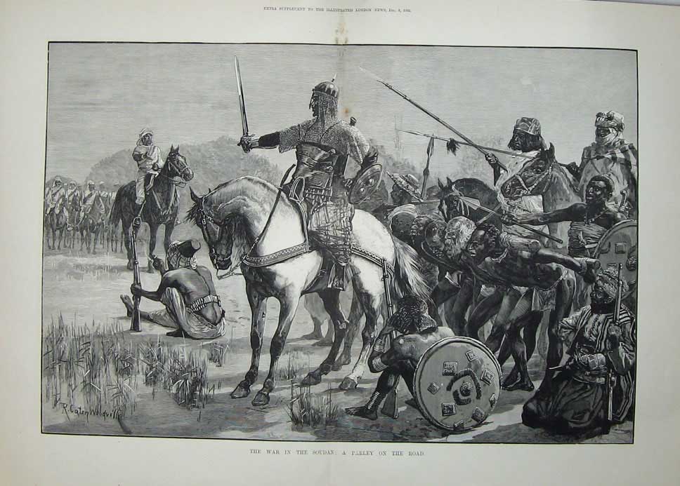 Original Old Antique Print 1883 War Soudan Parley Road Siers Weapons Horses