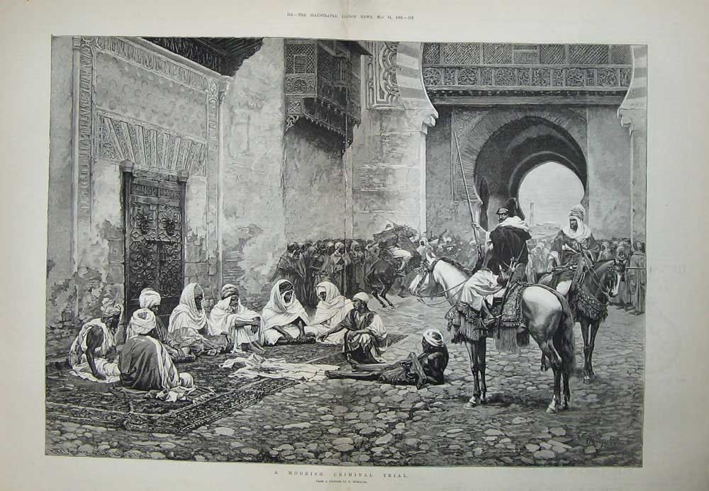 Old Antique Print 1884 Moorish Criminal Trial Court Horses Men Moragas 19th