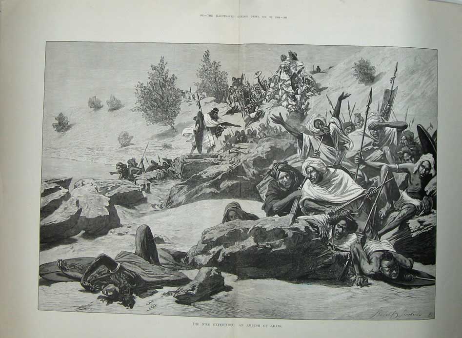 Original Old Antique Print 1884 War Nile Expedition Ambush Arabs Weapons Siers