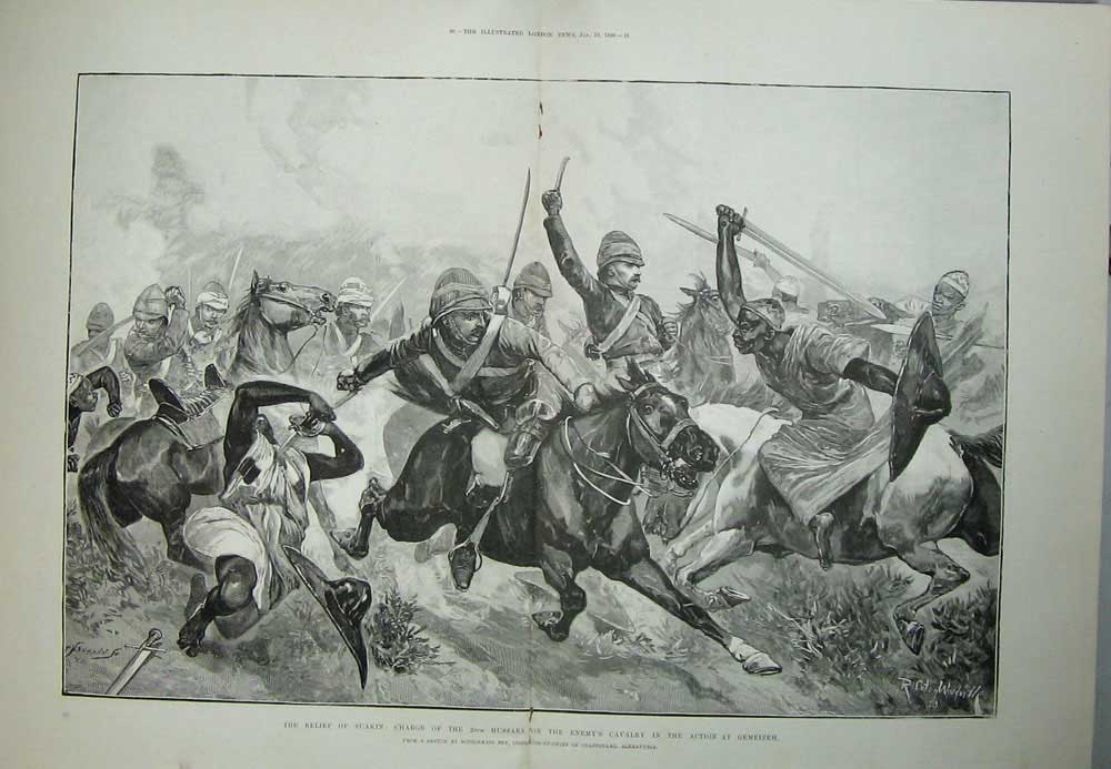 Original Old Antique Print War Suakin 1889 Hussars Siers Gemeizeh Horses Egypt