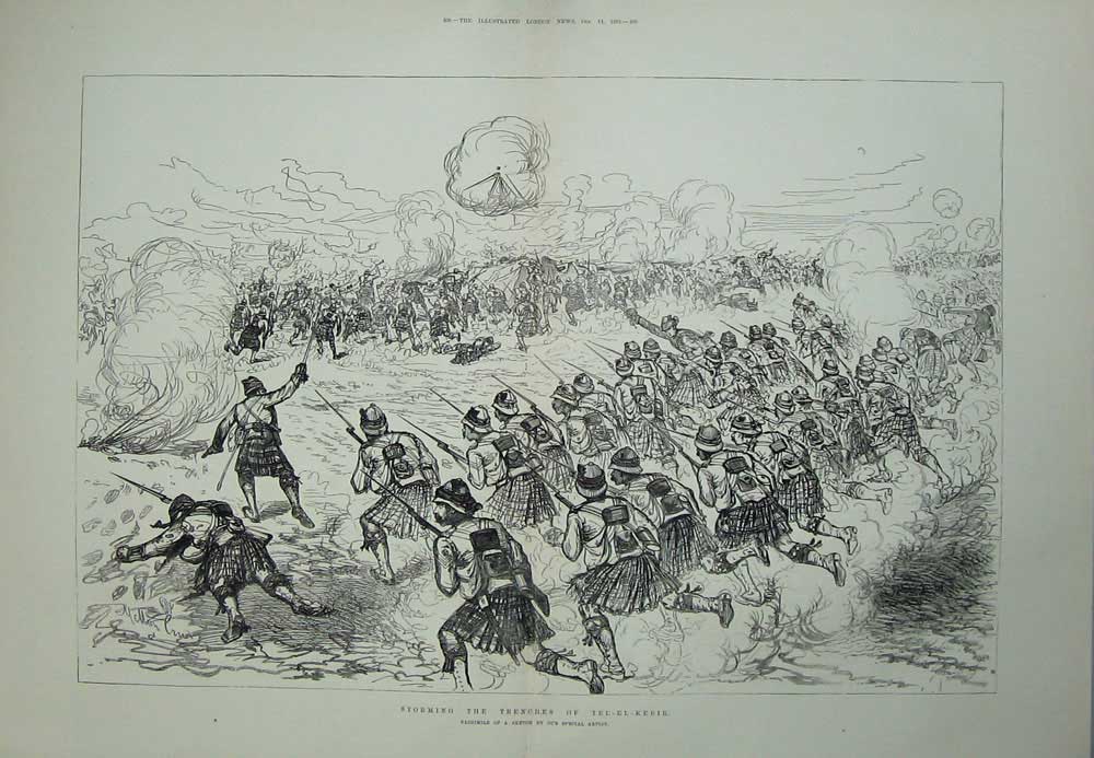 Original Old Antique Print War 1882 Storming Trenches Tel-El-Kebir Scots Siers