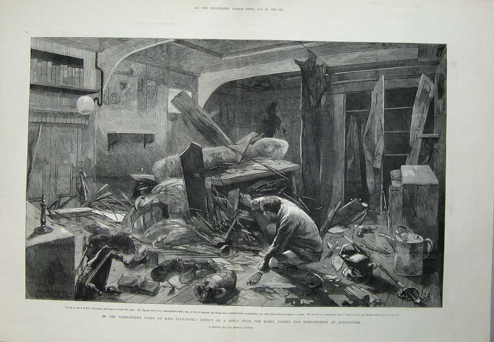 Old Antique Print Commanders Cabin H.M.S Ship Alexandra 1882 Bombardment 19th