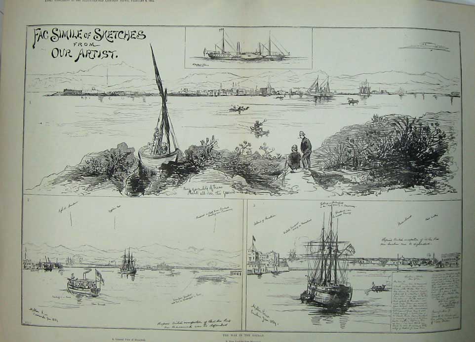 Original Old Antique Print 1884 War Soudan Massowah Suakim Ships Melton Prior