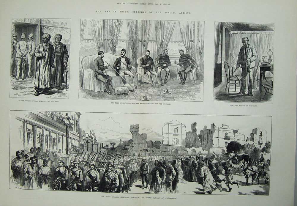 Old Antique Print 1882 War Egypt Duke Connaught Port Said Scots Guards 19th