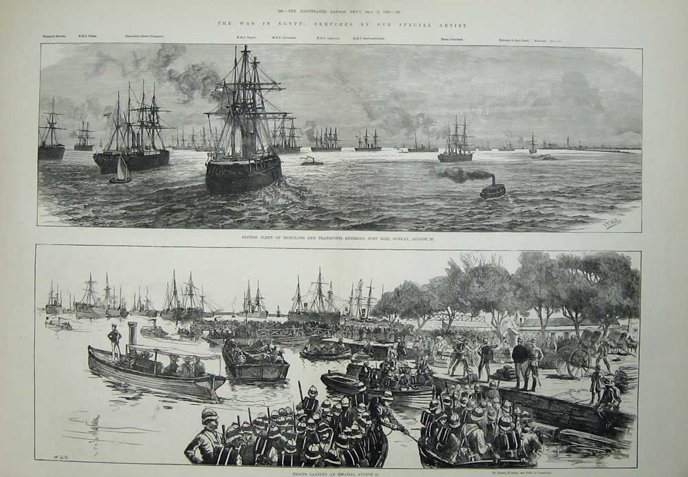 Original Old Antique Print 1882 War Egypt Ships Ironclads Said Siers Ismailia