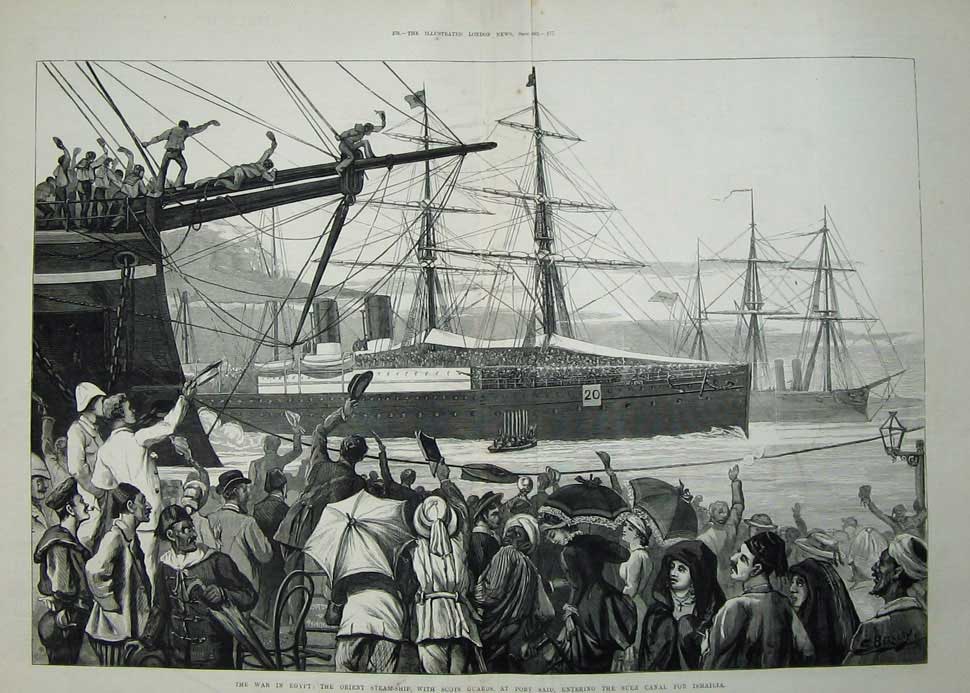 Old Antique Print 1882 War Egypt Orient Steam Ship Scots Port Said Suez 19th