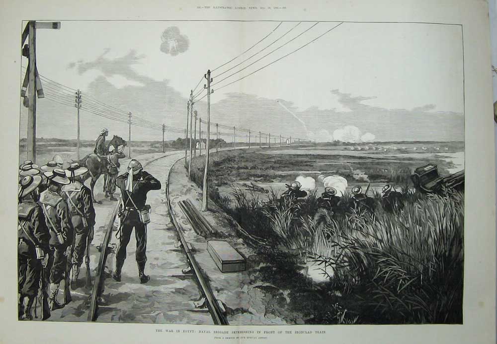 Antique Old Print 1882 War Egypt Naval Brigade Ironclad Train Railway Art 19th