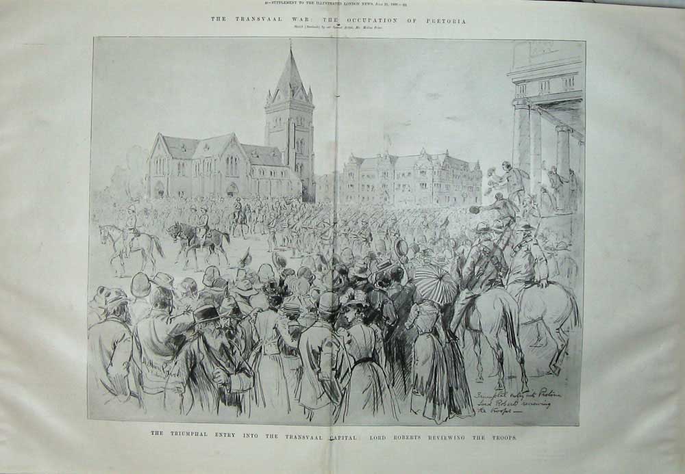 Original Old Antique Print 1900 Transvaal War Pretoria Lord Roberts Siers Army