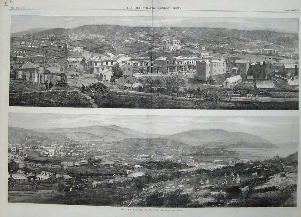 Old Antique Print View Dunedin Otago New Zealand 1867 Criterion Theatre 19th