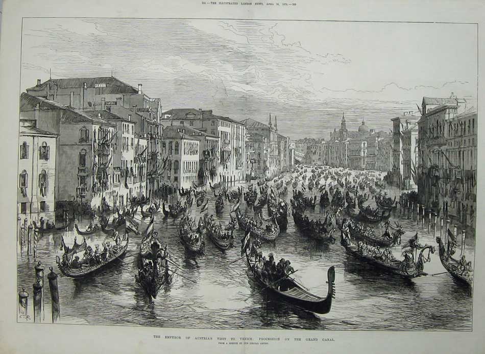 Antique Old Print 1875 Emperor Austria Venice Procession Grand Canal Boat 19th