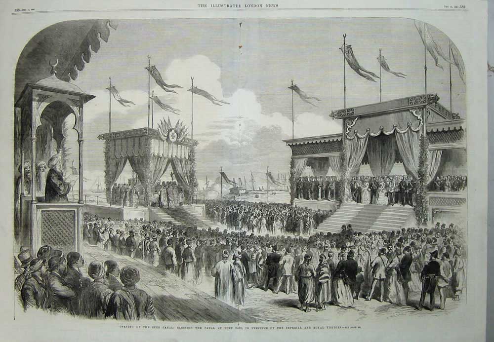 Original Old Antique Print 1869 Suez Canal Port Said Blessing Imperial Royal