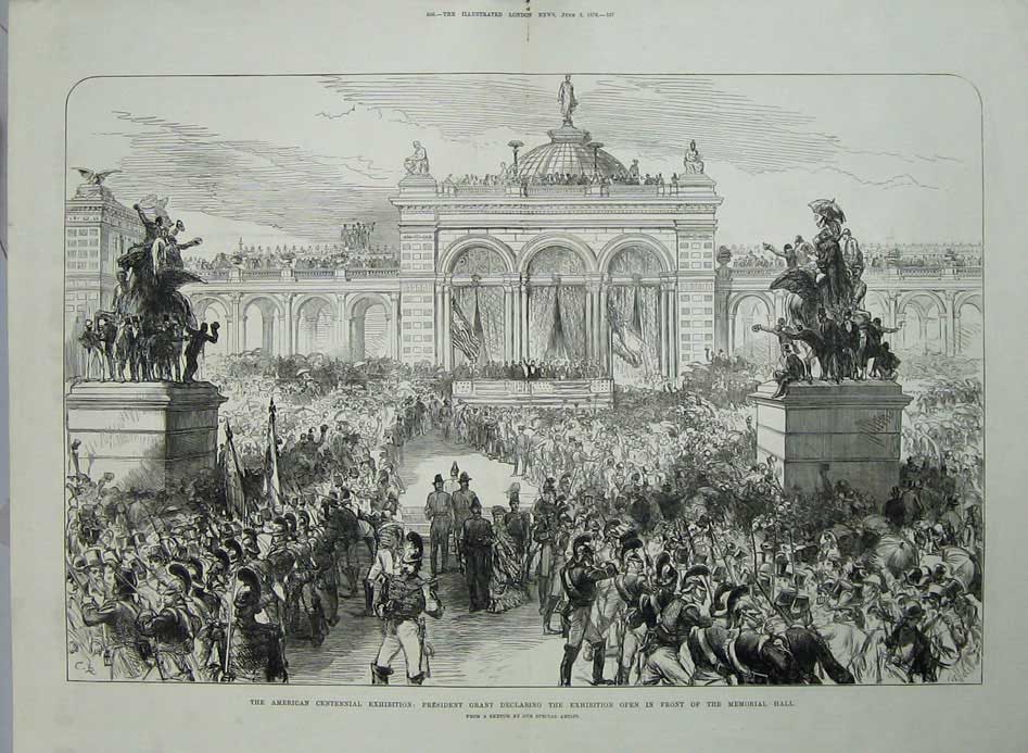 Old Antique Print 1876 America President Grant Memorial Hall Monuments 19th