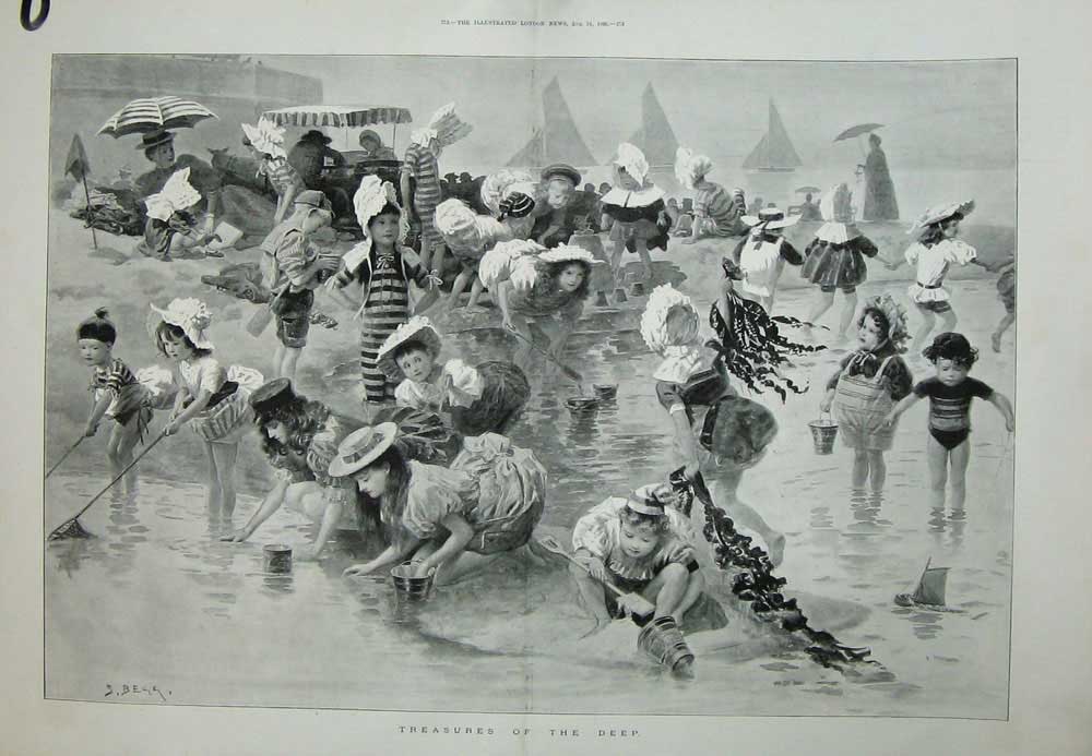 Old Antique Print Begg Art 1895 Beach Children Sea-Side Yachts Costumes 19th