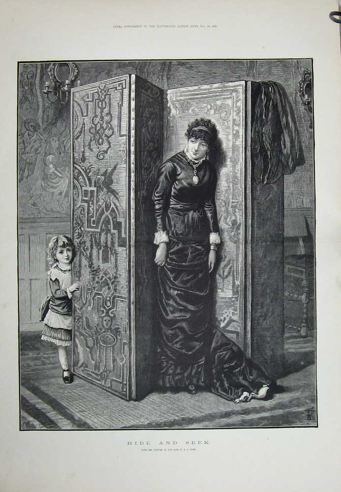 Old Antique Print Fyfe Fine Art 1882 Mother Little Girl Hide Seek House 19th