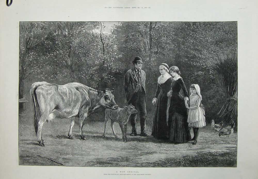 Antique Old Print 1883 Grosvenor Art Gallery Country Cow Calf Little Girl 19th
