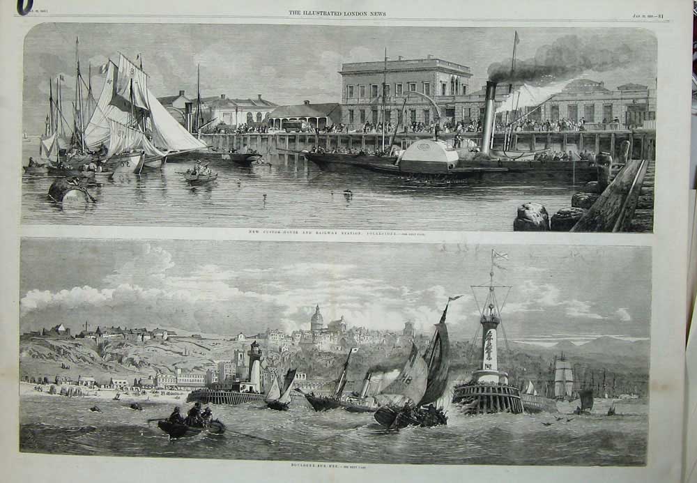 Old Antique Print 1859 Boulogne-Sur-Mer Boats Railway Station Folkestone 19th