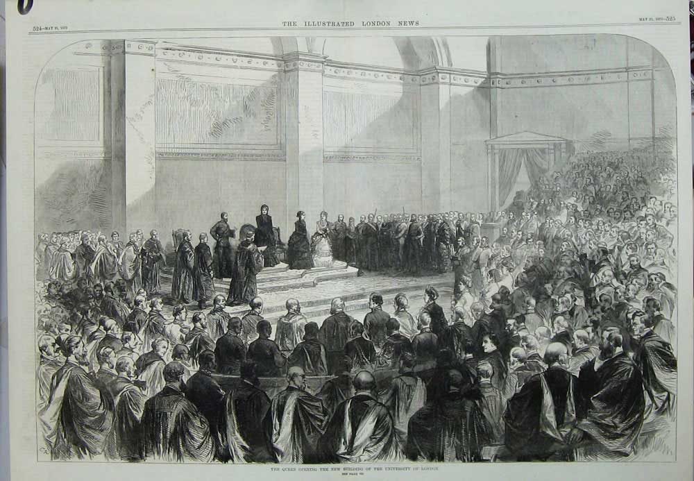 Original Old Antique Print 1870 Queen Opening New Building University London