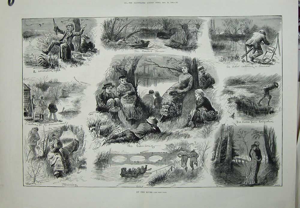 Old Antique Print 1880 River Fishing Boat Children Railway Bridge Train 19th