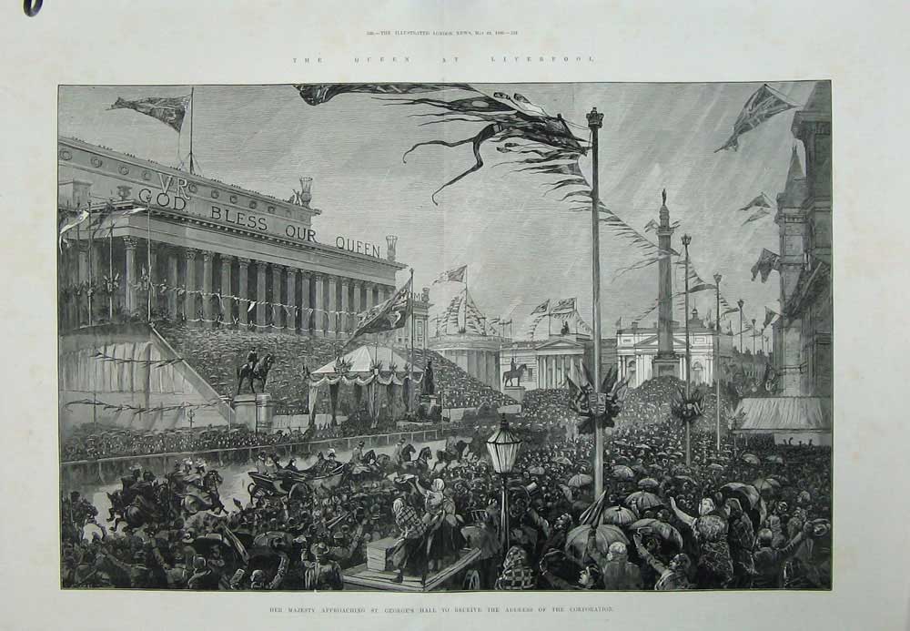 Old Antique Print Queen Liverpool 1886 St George'S Hall Procession Coach 19th