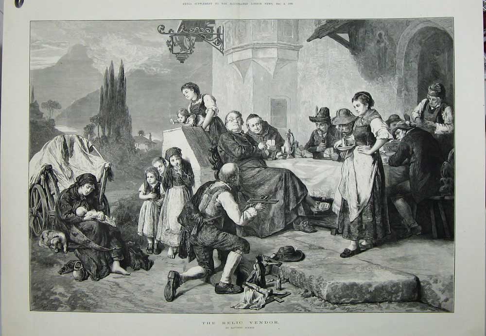 Original Old Antique Print 1880 Schmid Fine Art Relic Vendor Man Selling Jesus