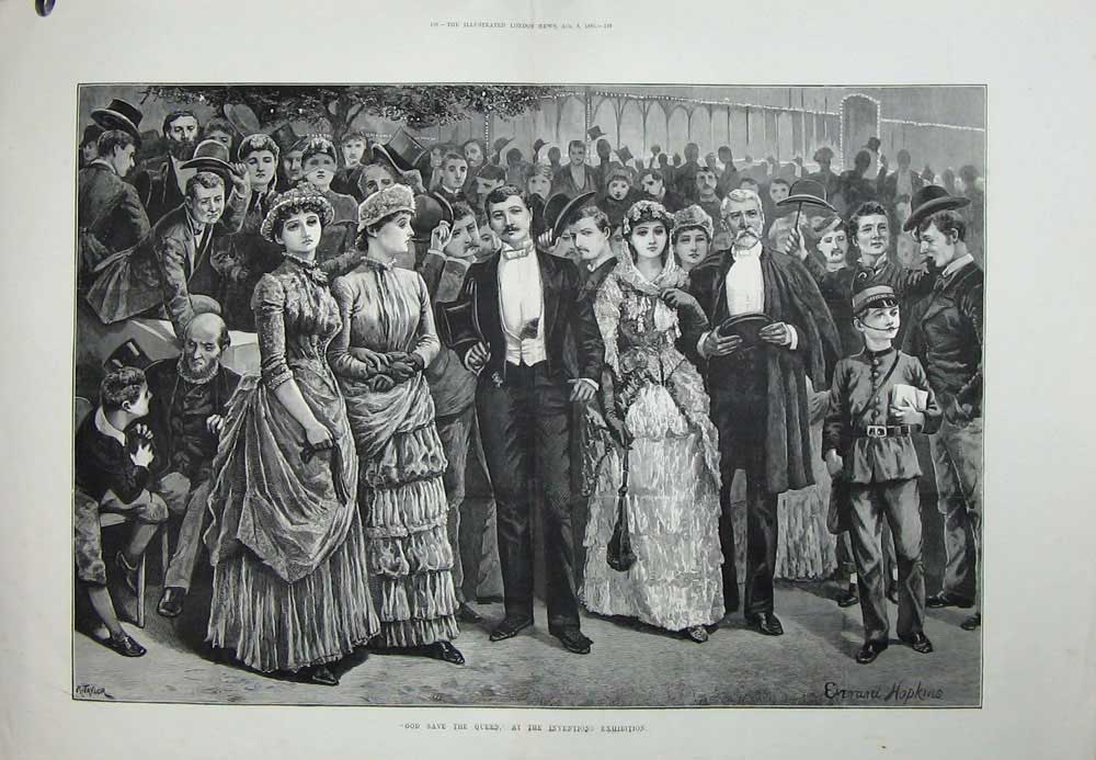 Antique Old Print 1885 Hopkins Fine Art Inventions Exhibition People Sing 19th