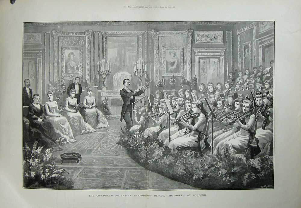 Old Antique Print 1890 Children'S Music Orchestra Queen Windsor Castle 19th