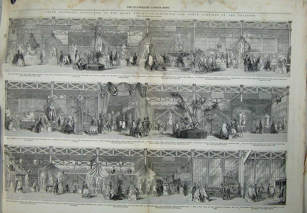 Old Antique Print 1852 Great Exhibition Statues Fountain Bells Ornaments 19th