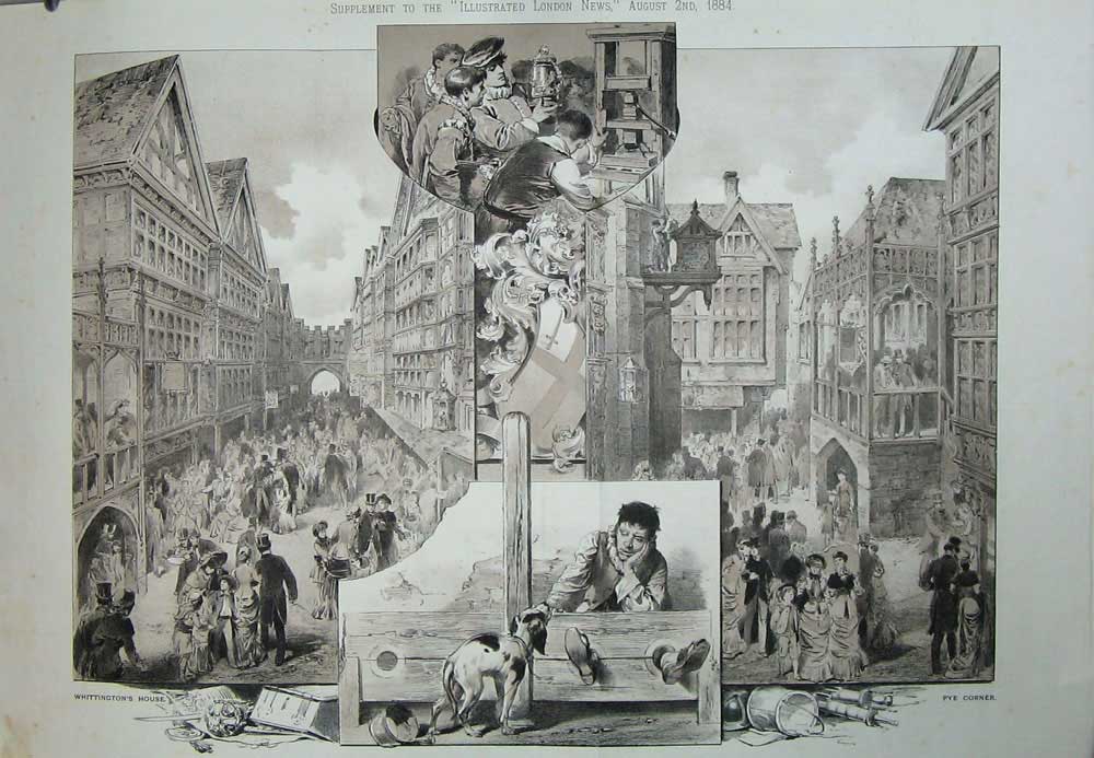 Original Old Antique Print 1884 London Street Health Exhibition Man Stocks Dog