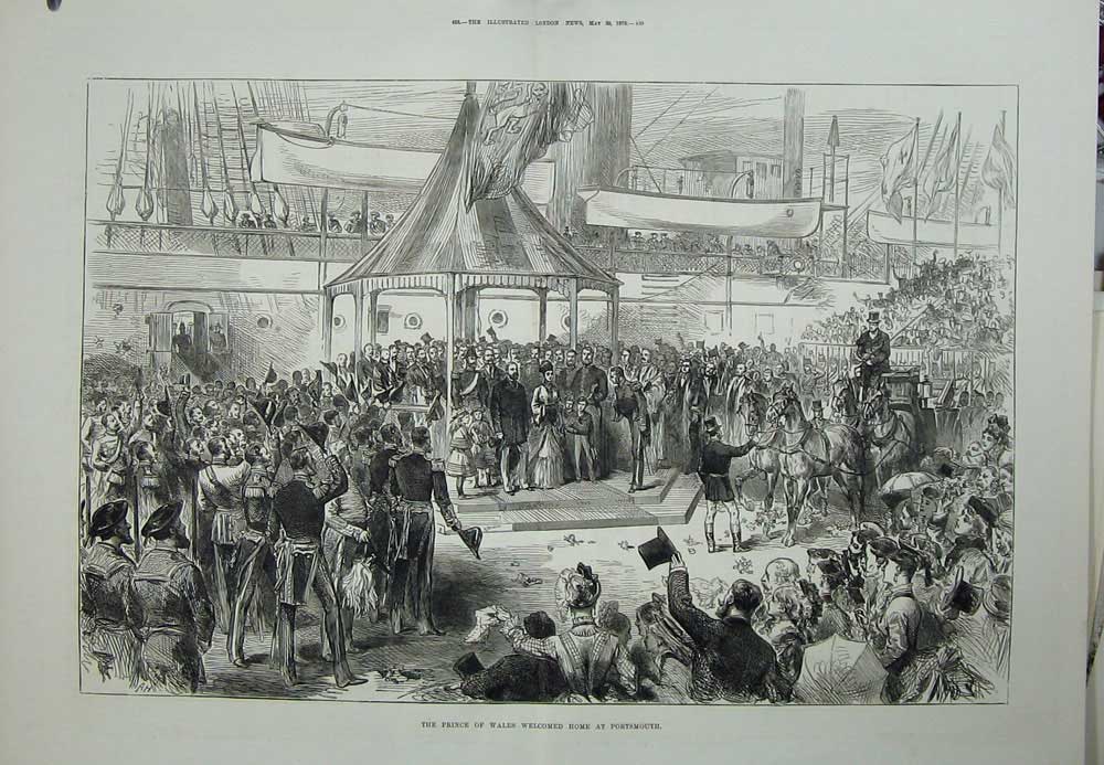 Old Antique Print 1876 Prince Wales Portsmouth Ship Horse Carriage Army 19th