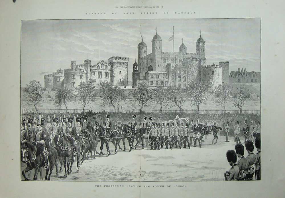 Old Antique Print 1890 Funeral Lord Napier Magdala Tower London Horses 19th