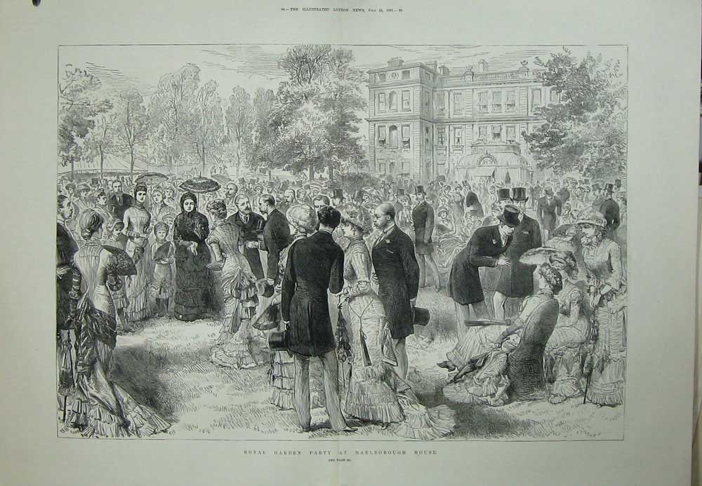 Old Antique Print 1881 Royal Garden Party Marlborough House People Trees 19th