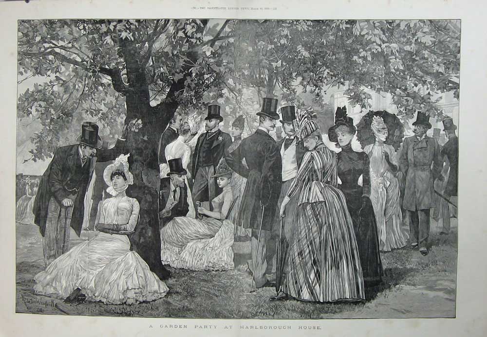 Old Antique Print Garden Party Marlborough House People Trees Art 1888 19th
