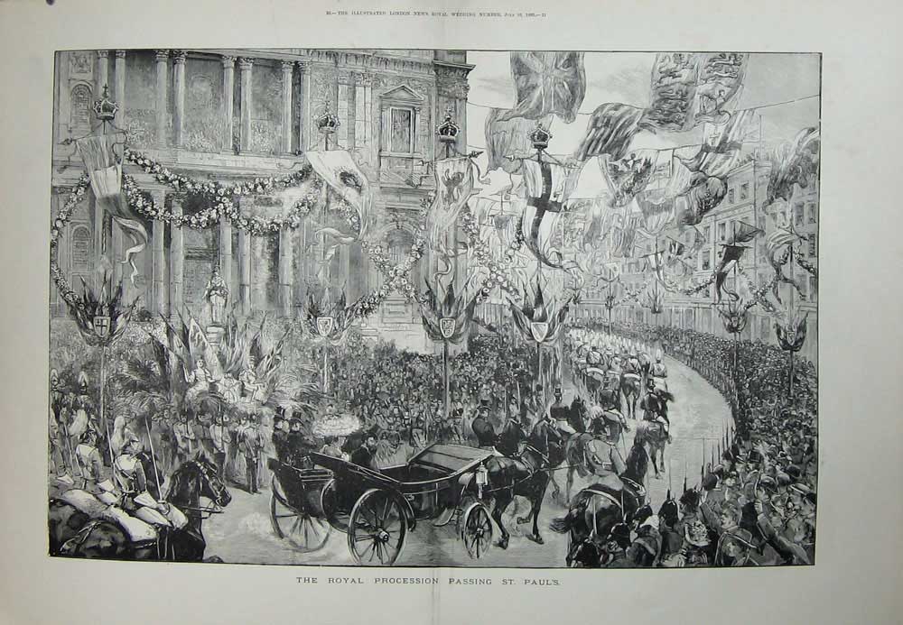 Old Antique Print 1893 Royal Procession St Paul'S Cathedral Horses Coach 19th