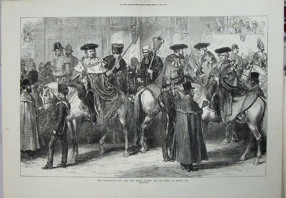 Antique Old Print Thanksgiving Day 1872 Lord Mayor Queen Temple Bar Horse 19th