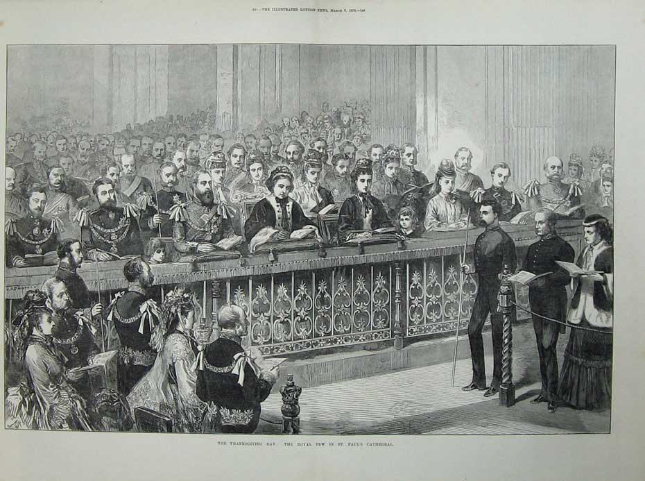 Antique Old Print 1872 Thanksgiving Day Royal Pew St Paul'S Cathedral Art 19th