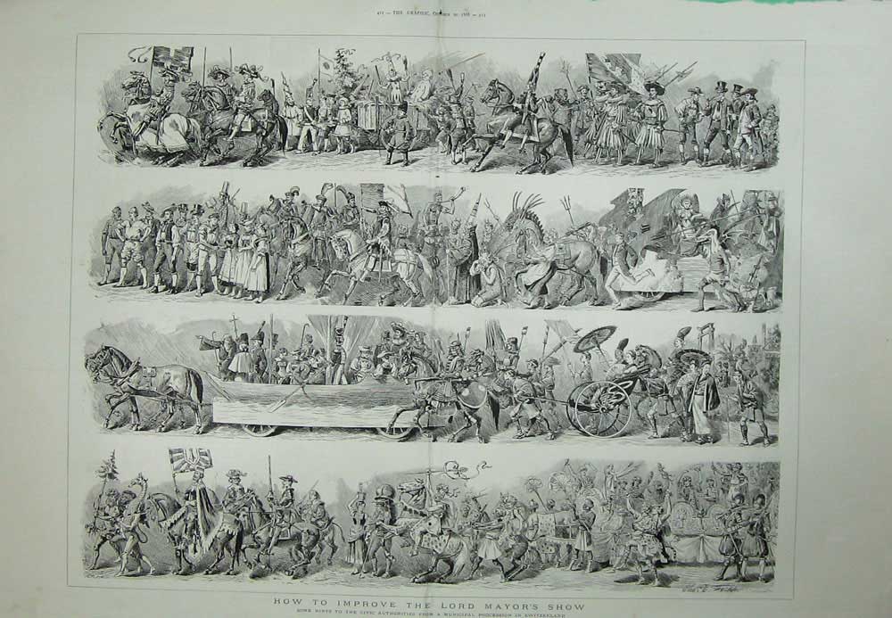 Old Antique Print Lord Mayor'S Show 1888 Processions Switzerland Horses 19th