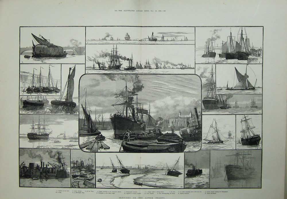 Old Antique Print River Thames London 1882 Clements Billingsgate Boats 19th