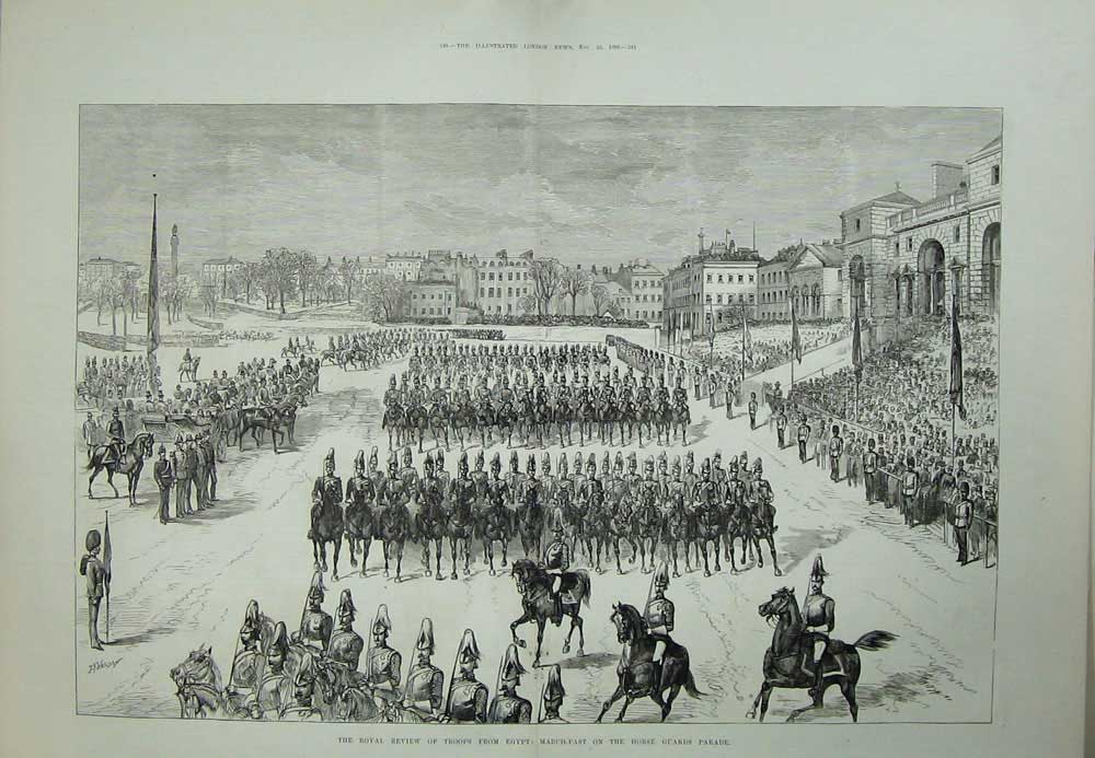 Original Old Antique Print 1882 Royal Review Troops Egypt Horse Guards Parade